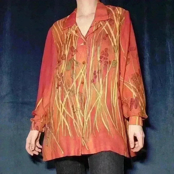 Vintage 90s  orange autumn leaves flowy button-up shirt - Picture 7 of 16